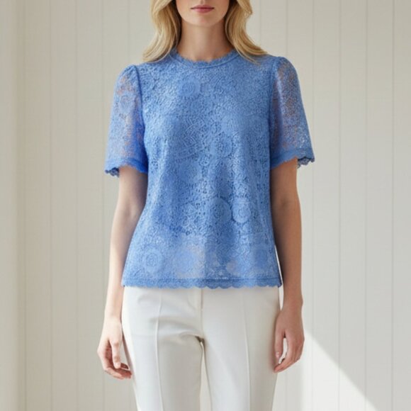 Pieces Tops - Pieces Short Sleeve Lace Top Women's Extra Small Periwinkle Quiet Luxury NWT